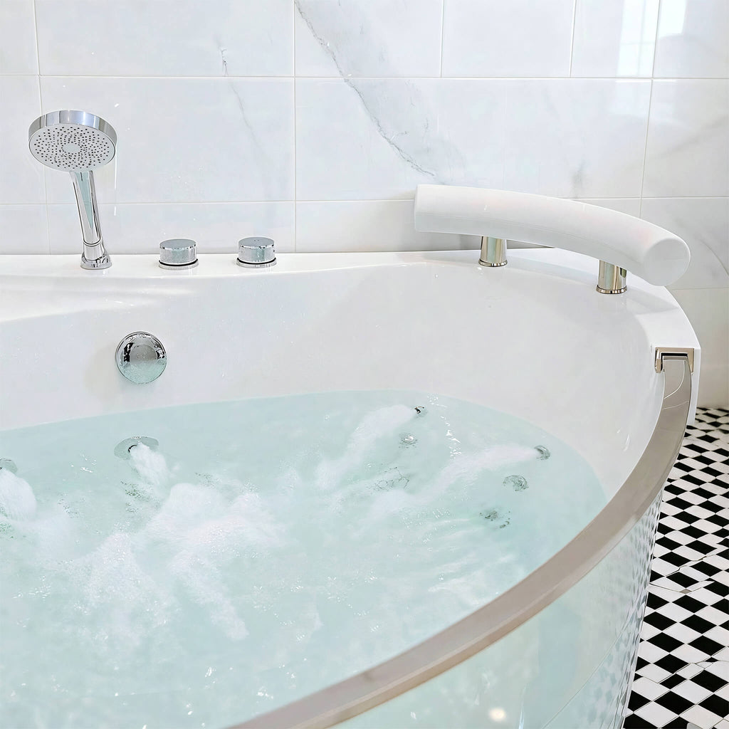 59-Inch 2-Person Acrylic Corner Whirlpool 16-Jet Hydromassage Bathtub With Heater Rainbow Light (SAK12058) - Saksby Wholesale -   Lifestyle In Bathroom