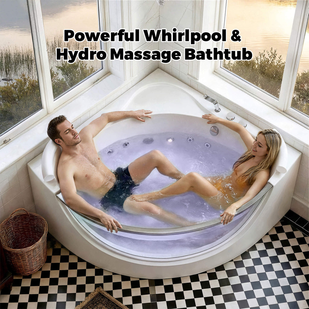 59-Inch 2-Person Acrylic Corner Whirlpool 16-Jet Hydromassage Bathtub With Heater Rainbow Light (SAK12058) - Saksby Wholesale -  Lifestyle With Two People Using It