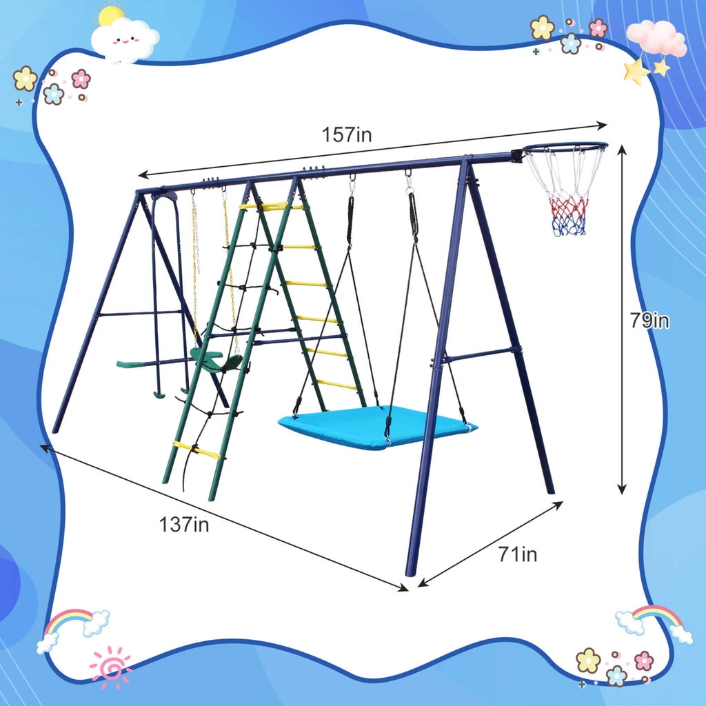 6-In-1 Swing Set With Climbing Ladder, Climbing Net, Glider, Hammock Swing, Belt Swing, And Basketball Hoop (SAK98152) - Sasksby Wholesale - Dimension View