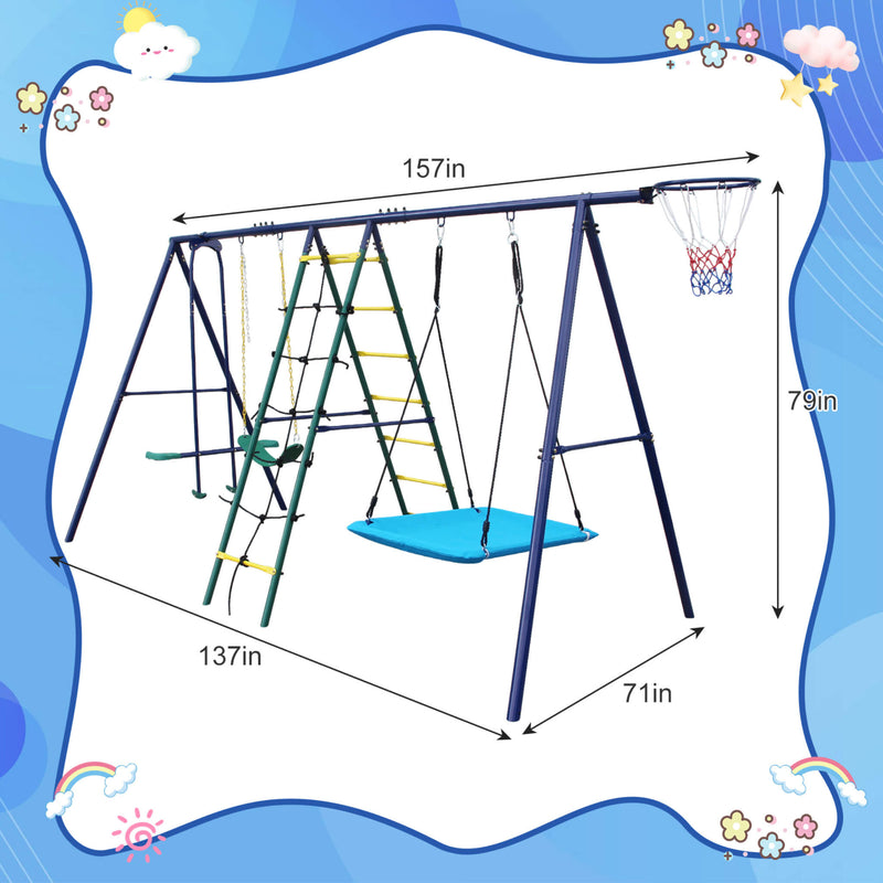 6-In-1 Swing Set With Climbing Ladder, Climbing Net, Glider, Hammock Swing, Belt Swing, And Basketball Hoop (SAK98152) - Sasksby Wholesale - Dimension View