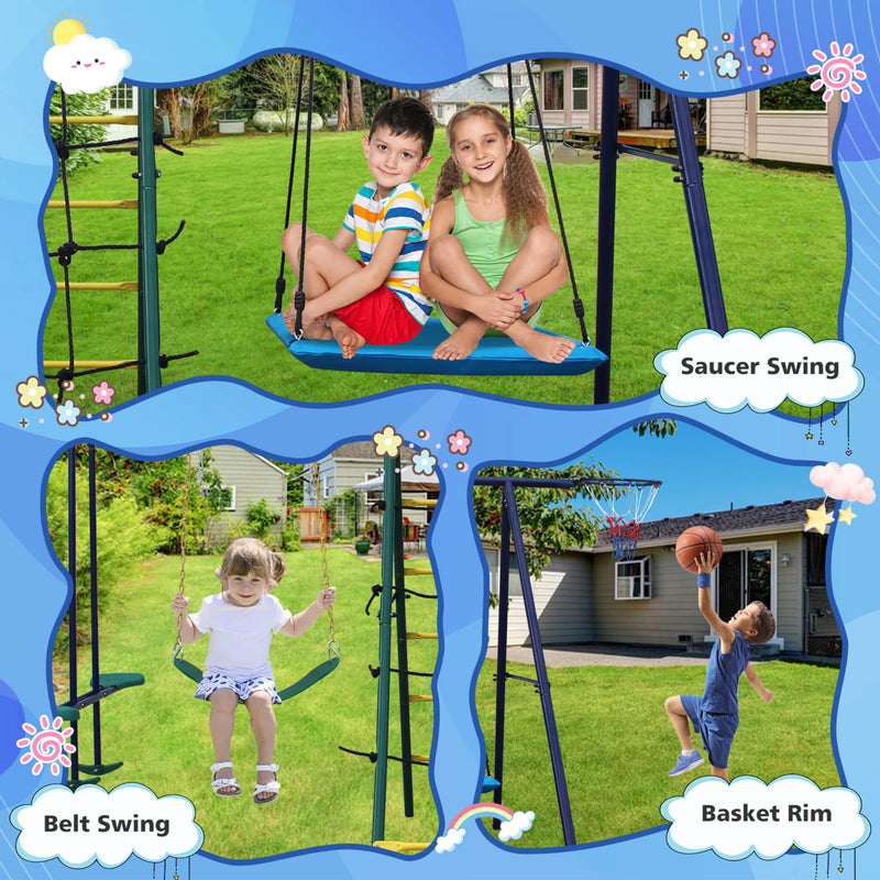 6-In-1 Swing Set With Climbing Ladder, Climbing Net, Glider, Hammock Swing, Belt Swing, And Basketball Hoop (SAK98152) - Sasksby Wholesale - Features View