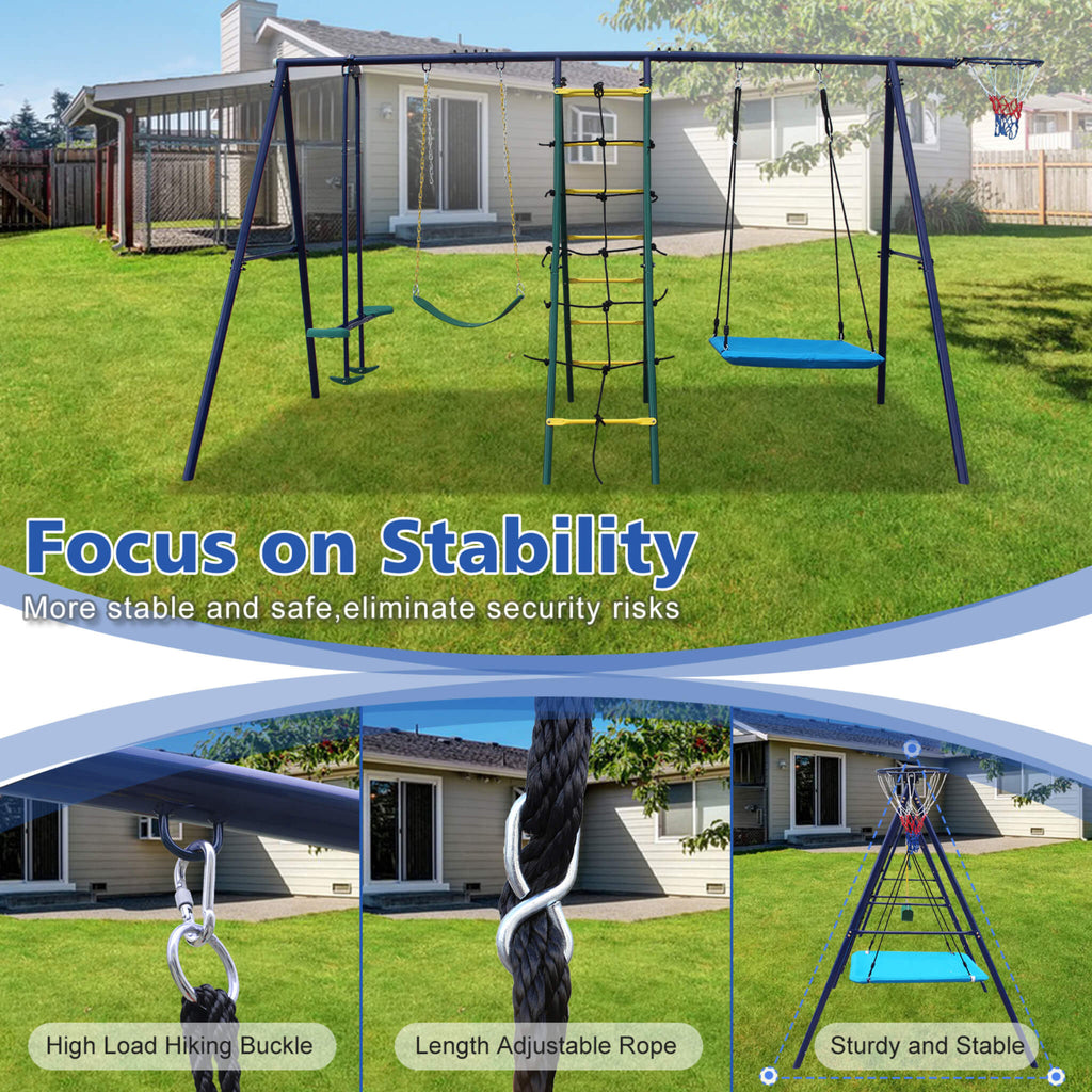 6-In-1 Swing Set With Climbing Ladder, Climbing Net, Glider, Hammock Swing, Belt Swing, And Basketball Hoop (SAK98152) - Sasksby Wholesale - Quality View
