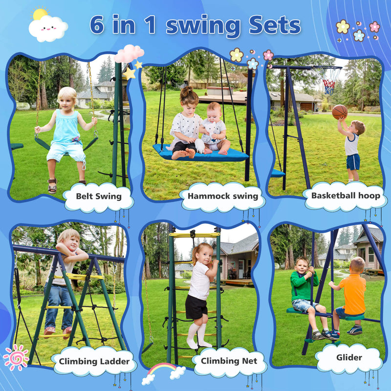 6-In-1 Swing Set With Climbing Ladder, Climbing Net, Glider, Hammock Swing, Belt Swing, And Basketball Hoop (SAK98152) - Sasksby Wholesale - Sets View