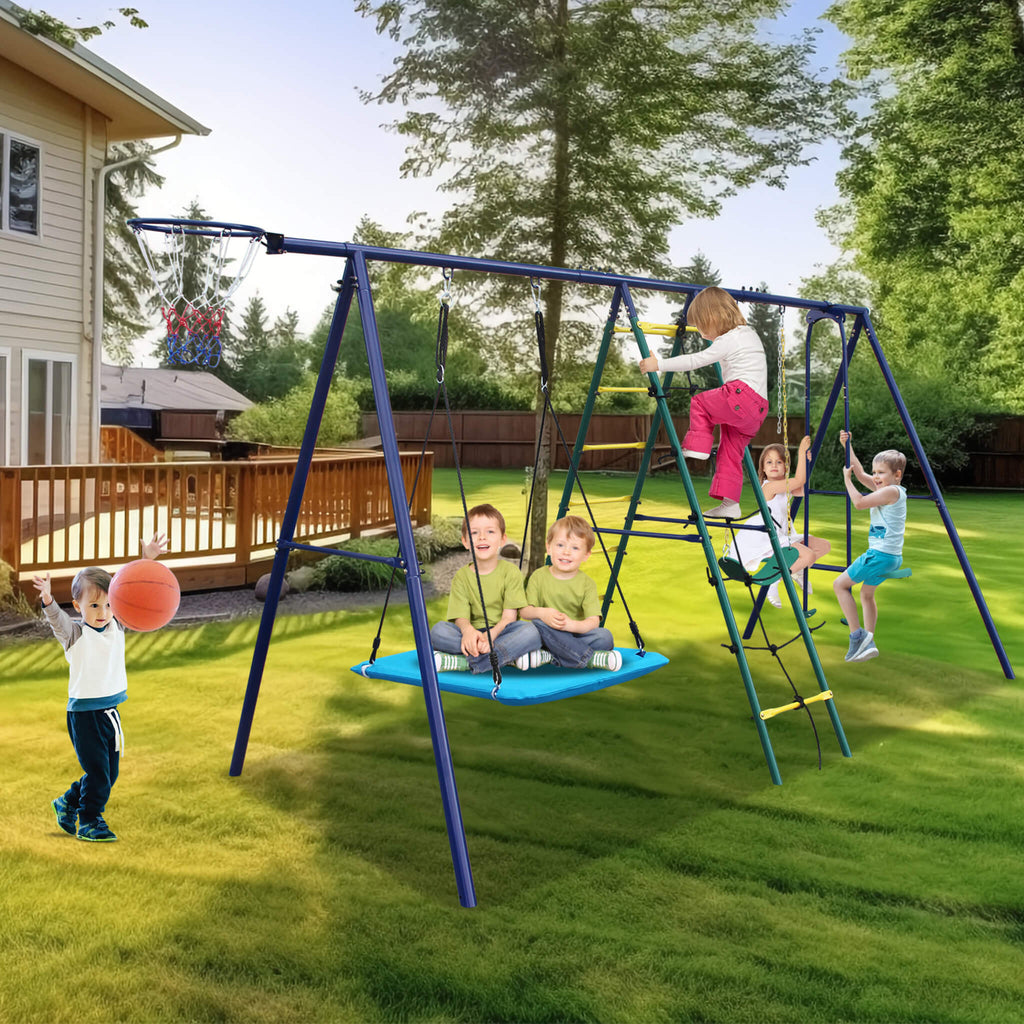 6-In-1 Swing Set With Climbing Ladder, Climbing Net, Glider, Hammock Swing, Belt Swing, And Basketball Hoop (SAK98152) - Sasksby Wholesale - With Kids Playing Outside View
