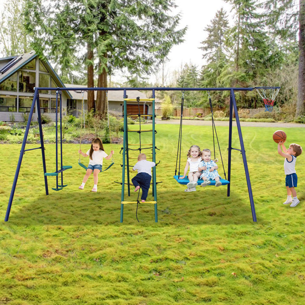 6-In-1 Swing Set With Climbing Ladder, Climbing Net, Glider, Hammock Swing, Belt Swing, And Basketball Hoop (SAK98152) - Sasksby Wholesale - With Kids Playing View