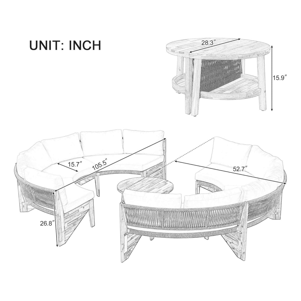 6-Person Half Moon Beige Patio Sectional Set With Cushions And Table (SAK61928) - Saksby Wholesale - Dimensions In Whole Set