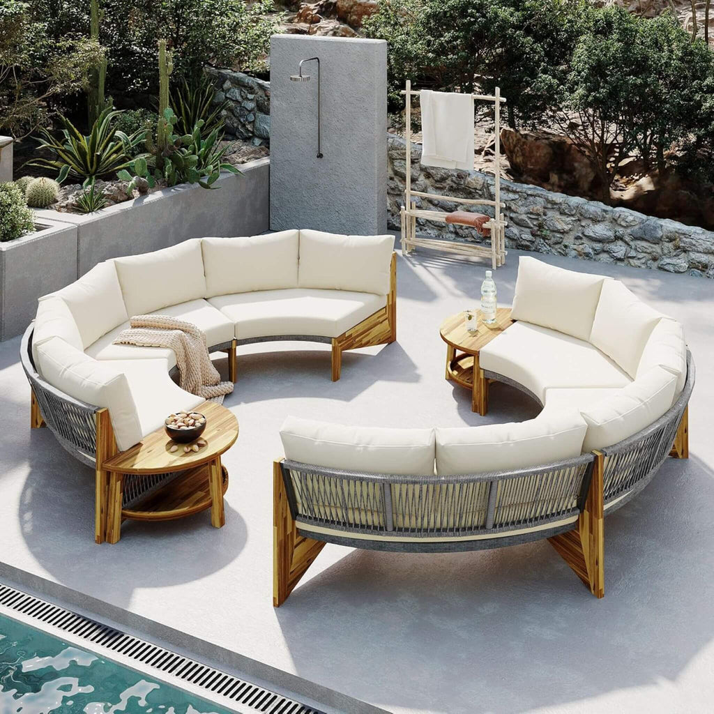 6-Person Half Moon Beige Patio Sectional Set With Cushions And Table (SAK61928) - Saksby Wholesale - Lifestyle Image In Outdoor Living