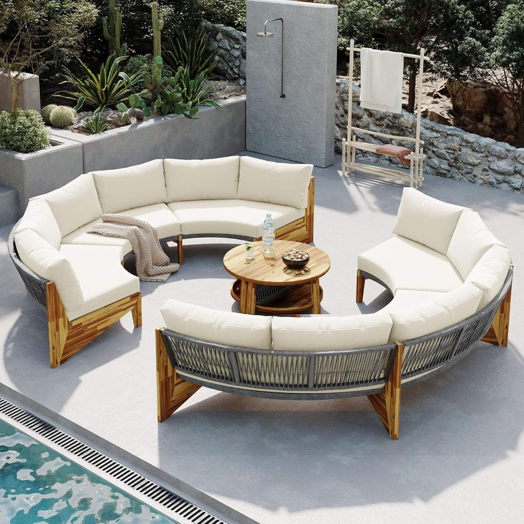 6-Person Half Moon Beige Patio Sectional Set With Cushions And Table (SAK61928) - Saksby Wholesale - Lifestyle Image In Outdoor Space