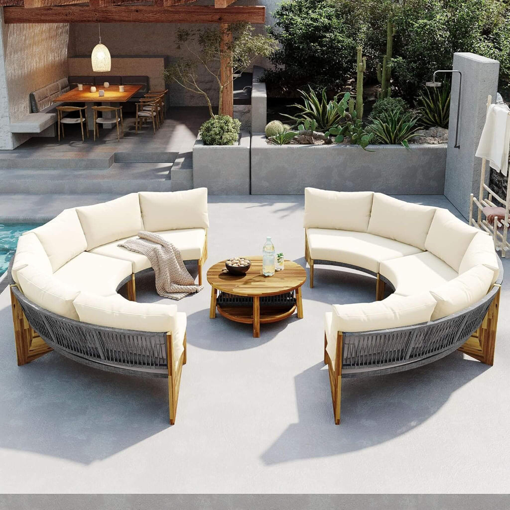 6-Person Half Moon Beige Patio Sectional Set With Cushions And Table (SAK61928) - Saksby Wholesale - Lifestyle Image In Patio