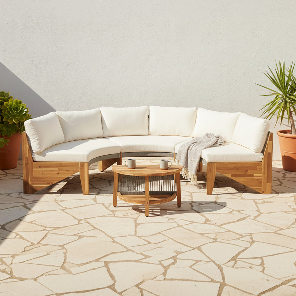 6-Person Half Moon Beige Patio Sectional Set With Cushions And Table (SAK61928) - Saksby Wholesale - Lifestyle On Patio On A Sunny Day