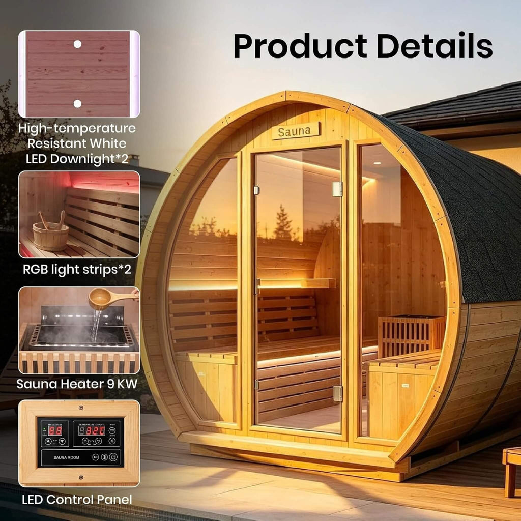 6-Person Outdoor Traditional Carbonized Spruce Barrel Sauna (SAK14672) - Saksby Wholesale - Details