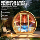 6-Person Outdoor Traditional Carbonized Spruce Barrel Sauna (SAK14672) - Saksby Wholesale - Lifestyle Image In Outdoor Space