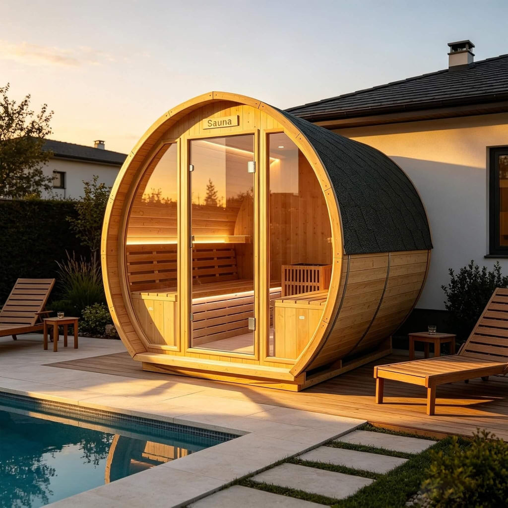 6-Person Outdoor Traditional Carbonized Spruce Barrel Sauna (SAK14672) - Saksby Wholesale - Lifestyle Image In Poolside
