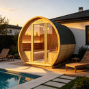 6-Person Outdoor Traditional Carbonized Spruce Barrel Sauna (SAK14672) - Saksby Wholesale - Lifestyle Image In Poolside