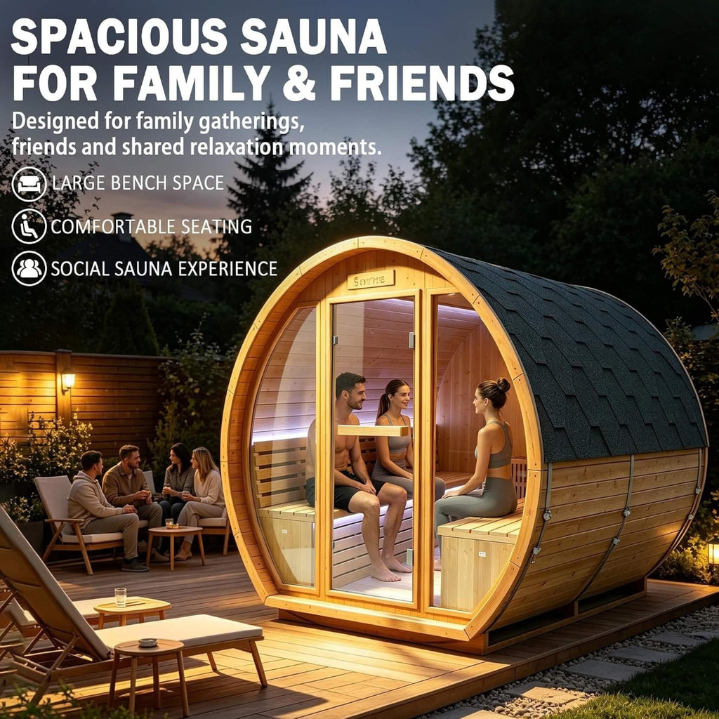 6-Person Outdoor Traditional Carbonized Spruce Barrel Sauna (SAK14672) - Saksby Wholesale - Lifestyle Image With Person Inside