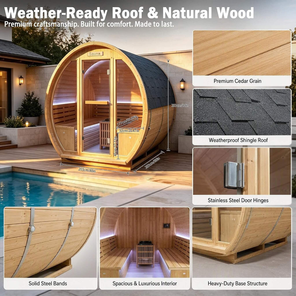 6-Person Outdoor Traditional Carbonized Spruce Barrel Sauna (SAK14672) - Saksby Wholesale - Weather-Ready Roof