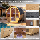 6-Person Outdoor Traditional Carbonized Spruce Barrel Sauna (SAK14672) - Saksby Wholesale - Weather-Ready Roof