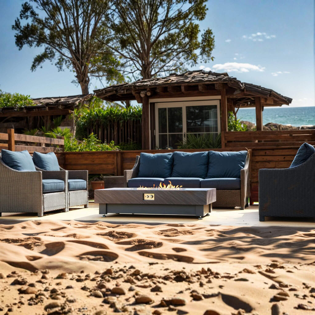 60-Inch Rectangular Outdoor Modern Propane Fire Pit Table With Rain Cover (SAK91273) - Saksby Wholesale - Beach Side Lifestyle Image