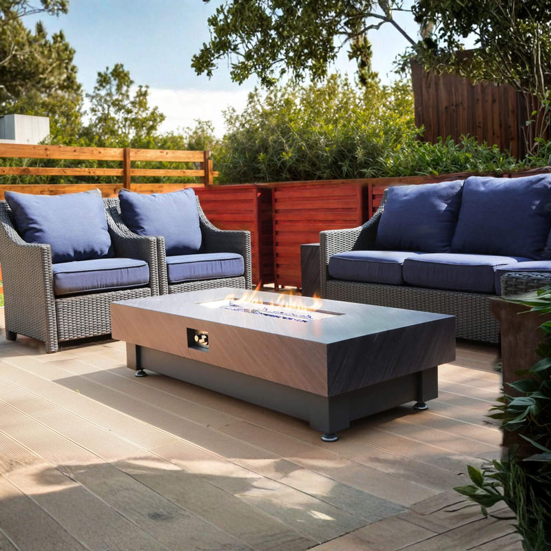 60-Inch Rectangular Outdoor Modern Propane Fire Pit Table With Rain Cover (SAK91273) - Saksby Wholesale - On Fire Outside