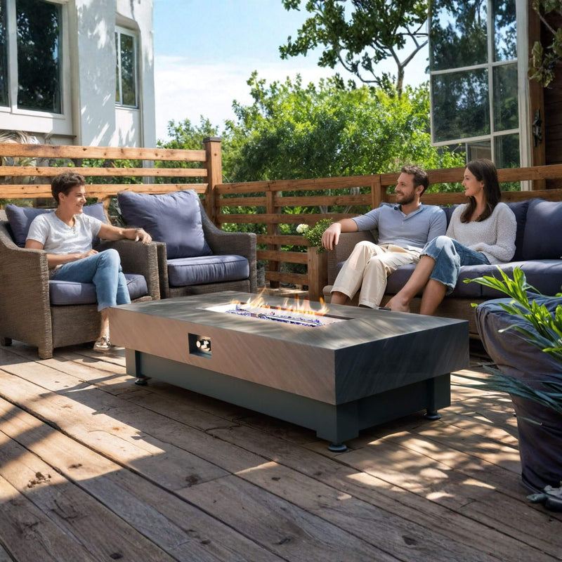 60-Inch Rectangular Outdoor Modern Propane Fire Pit Table With Rain Cover (SAK91273) - Saksby Wholesale - Patio Lifestyle Image