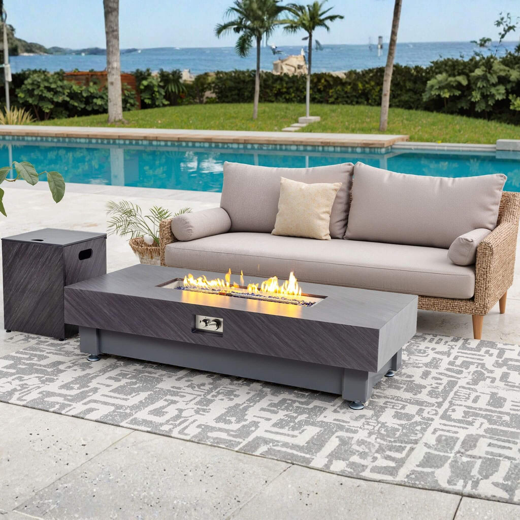 60-Inch Rectangular Outdoor Modern Propane Fire Pit Table With Rain Cover (SAK91273) - Saksby Wholesale - Poolside Setup
