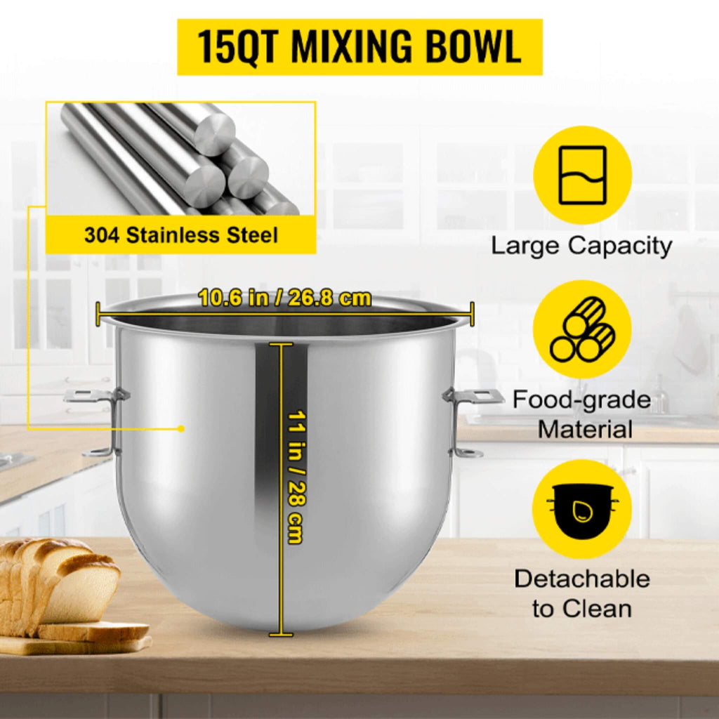 600W Commercial Dough Kneader Bakery Mixer Machine, 15QT (SAK95629) - Saksby Wholesale - Mixing Bowl View