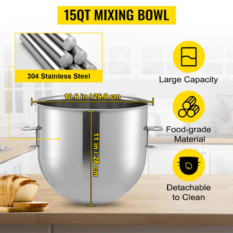 600W Commercial Dough Kneader Bakery Mixer Machine, 15QT (SAK95629) - Saksby Wholesale - Mixing Bowl View