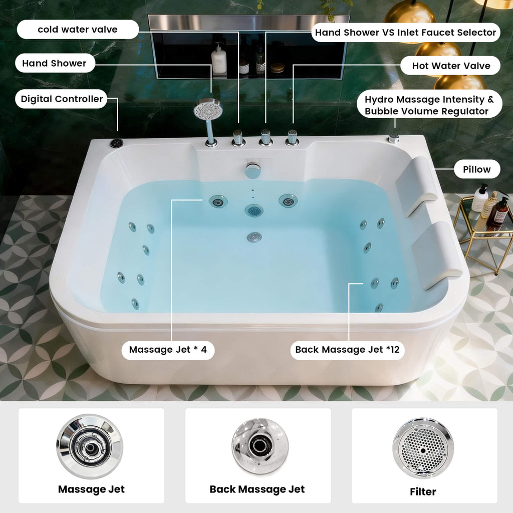 61-Inch 2-Person Acrylic Whirlpool Massage Bathtub With 16 Water Jets And LED Lights (SAK15780) - Saskby Wholesale - Label Parts View