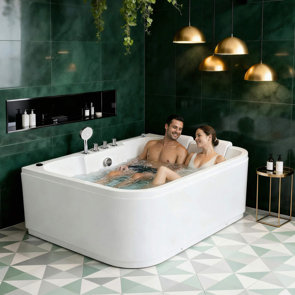 61-Inch 2-Person Acrylic Whirlpool Massage Bathtub With 16 Water Jets And LED Lights (SAK15780) - Saskby Wholesale - 2 Person Lifestyle View
