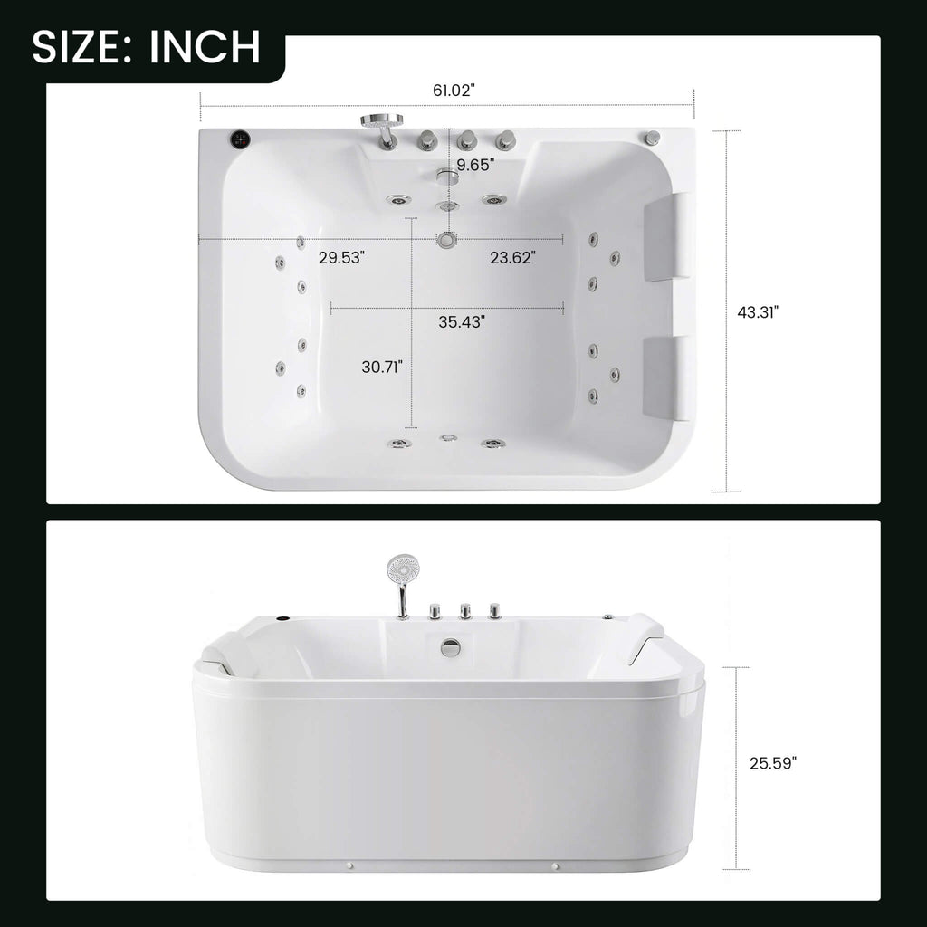 61-Inch 2-Person Acrylic Whirlpool Massage Bathtub With 16 Water Jets And LED Lights (SAK15780) - Saskby Wholesale - Dimensions View
