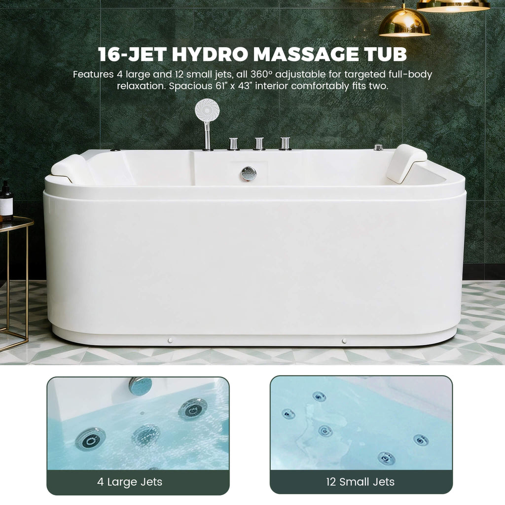 61-Inch 2-Person Acrylic Whirlpool Massage Bathtub With 16 Water Jets And LED Lights (SAK15780) - Saskby Wholesale - Jets View