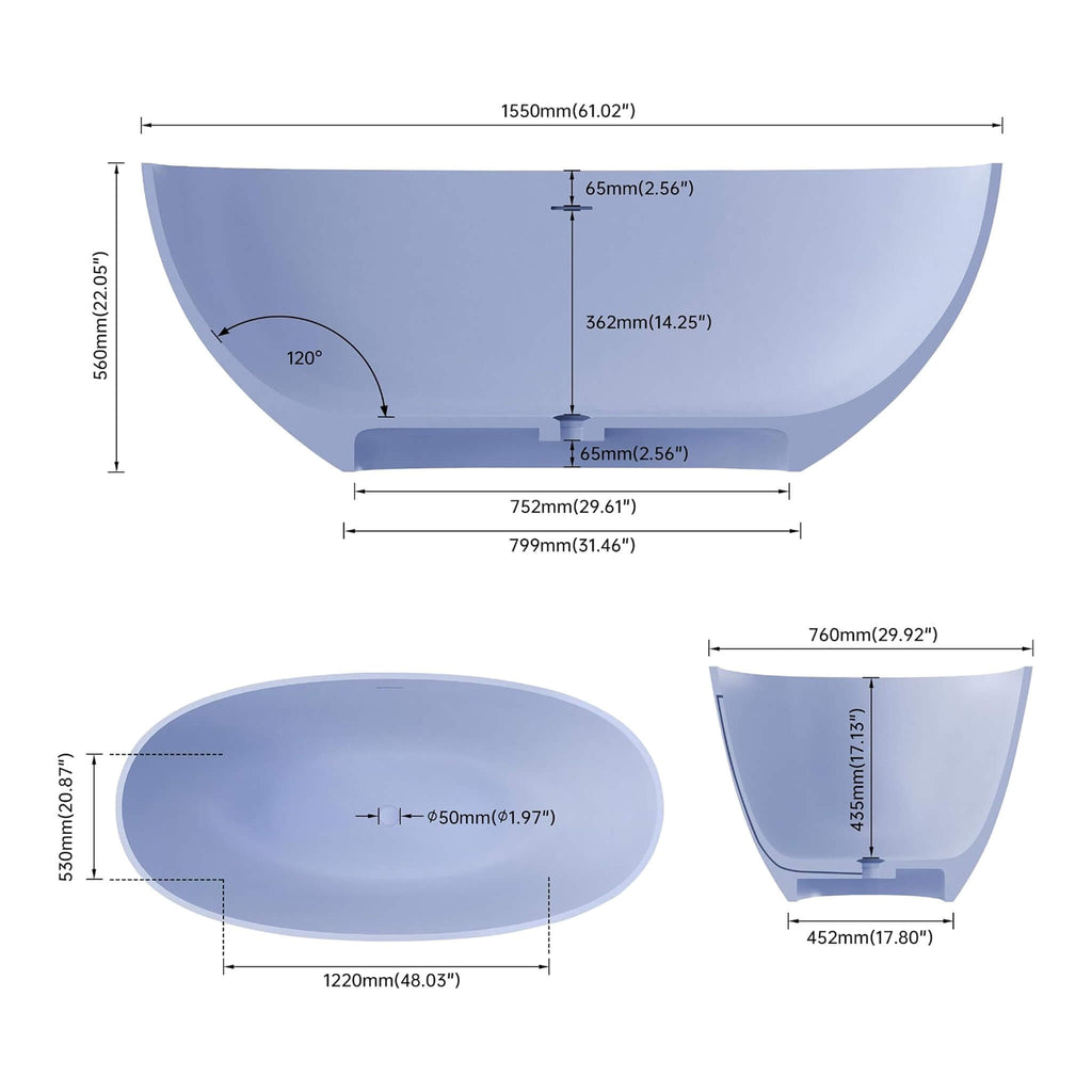 [61X29.5-Inch] Freestanding Oval Stone Resin Soaking Tub With Overflow Drain (SAK40125) - Saksby Wholesale - Dimensions