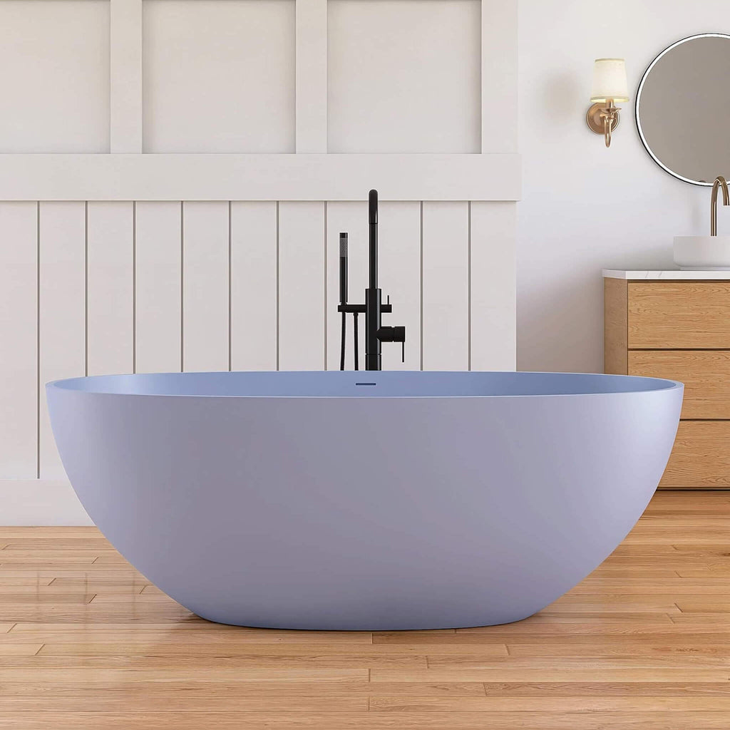 [61X29.5-Inch] Freestanding Oval Stone Resin Soaking Tub With Overflow Drain (SAK40125) - Saksby Wholesale - Lifestyle Light Blue In Bathroom Front View