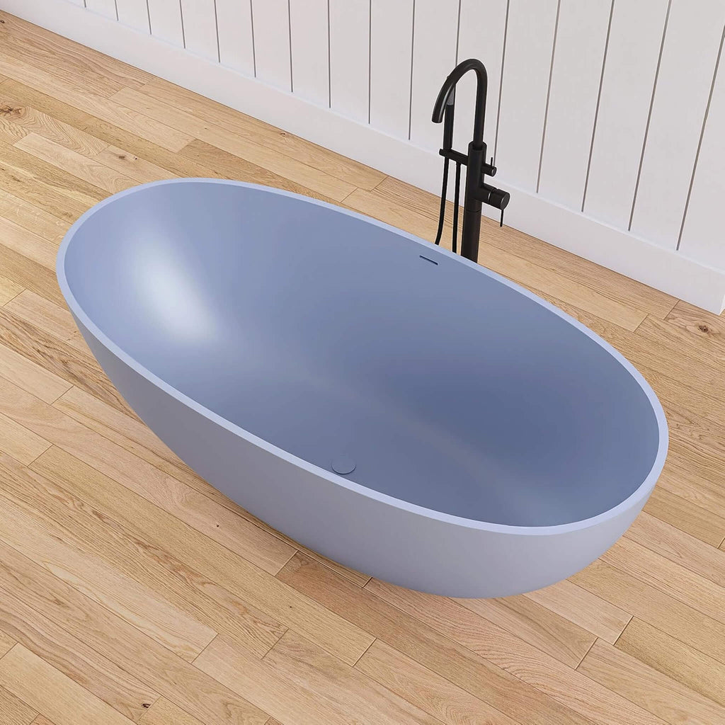 [61X29.5-Inch] Freestanding Oval Stone Resin Soaking Tub With Overflow Drain (SAK40125) - Saksby Wholesale - Lifestyle Light Blue In Bathroom Top Angle View