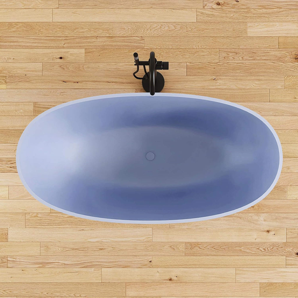 [61X29.5-Inch] Freestanding Oval Stone Resin Soaking Tub With Overflow Drain (SAK40125) - Saksby Wholesale - Lifestyle Light Blue In Bathroom Top View