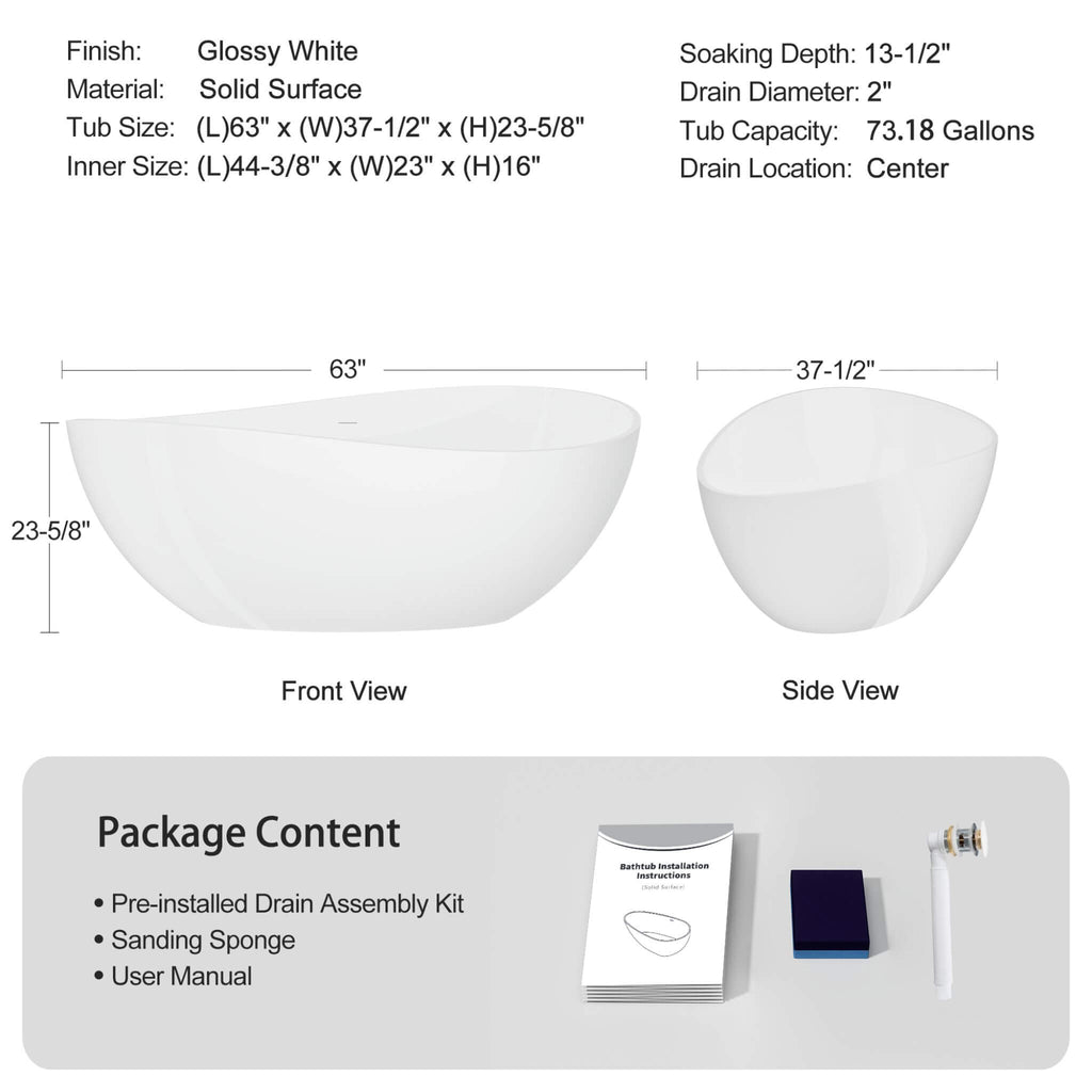 63-Inch Freestanding Glossy White Stone Resin Bathtub With Overflow And Drain (SAK42613) - Saksby Wholesale - Dimensions View