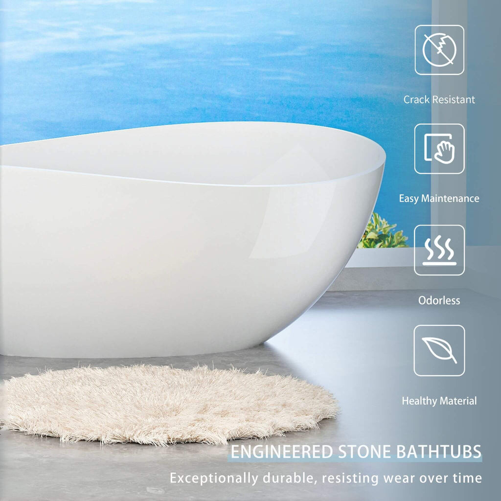 63-Inch Freestanding Glossy White Stone Resin Bathtub With Overflow And Drain (SAK42613) - Saksby Wholesale - Durable Design