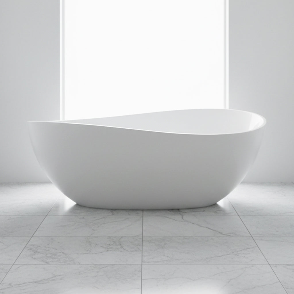 63-Inch Freestanding Glossy White Stone Resin Bathtub With Overflow And Drain (SAK42613) - Saksby Wholesale - Front View In Bathroom