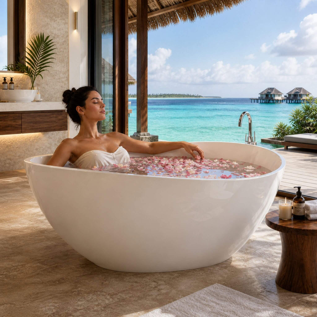 63-Inch Freestanding Glossy White Stone Resin Bathtub With Overflow And Drain (SAK42613) - Saksby Wholesale - Lifestyle View