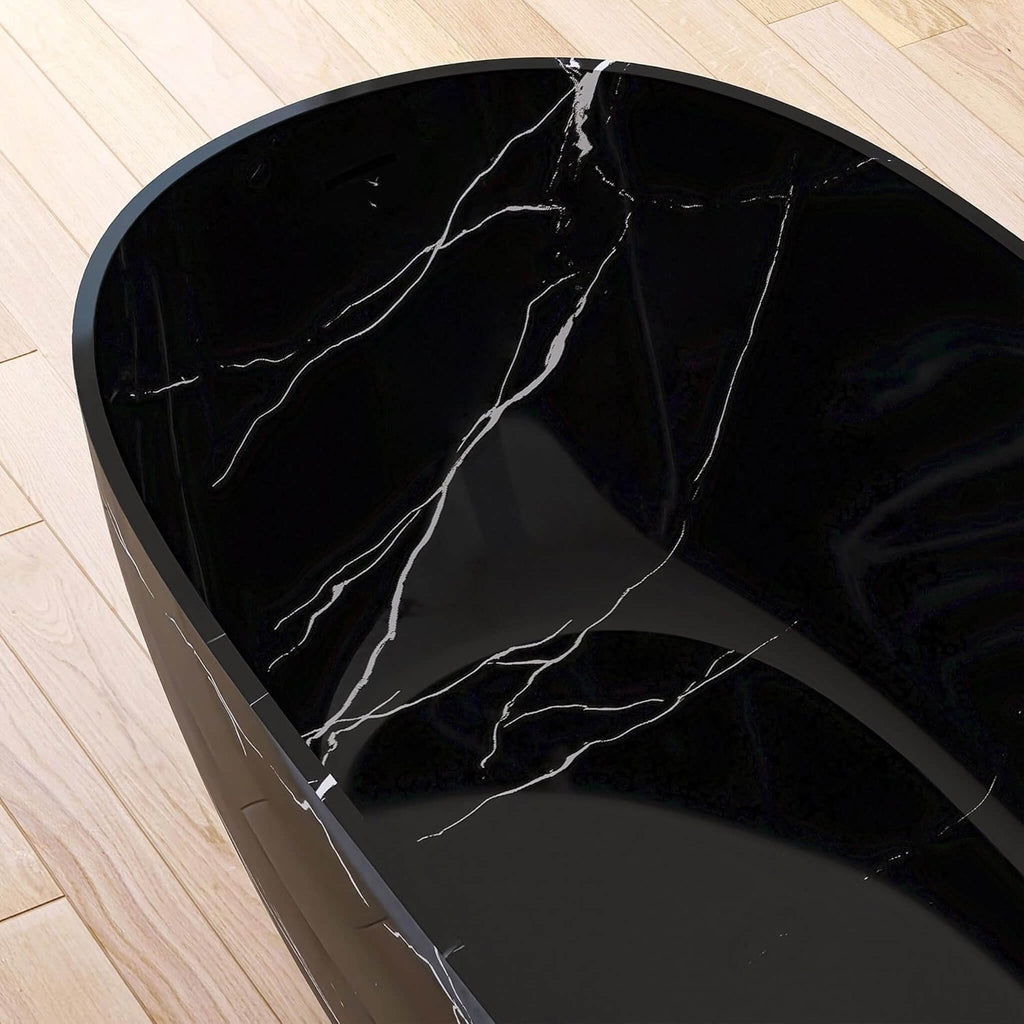 [63X29.5-Inch] Freestanding Modern Marble-Design Solid Surface Soaking Tub With Overflow (SAK11528) - Saksby Wholesale - Lifestyle Black Marble Close Up