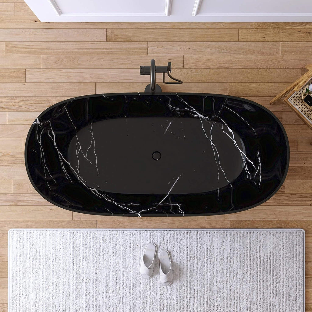 [63X29.5-Inch] Freestanding Modern Marble-Design Solid Surface Soaking Tub With Overflow (SAK11528) - Saksby Wholesale - Lifestyle Black Marble In Bathroom Top View