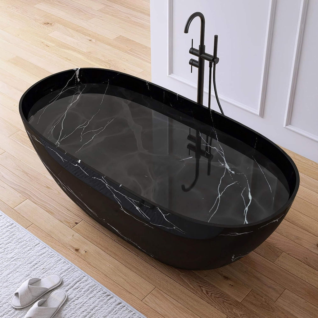 [63X29.5-Inch] Freestanding Modern Marble-Design Solid Surface Soaking Tub With Overflow (SAK11528) - Saksby Wholesale - Lifestyle Black Marble In Bathroom With Water Top View