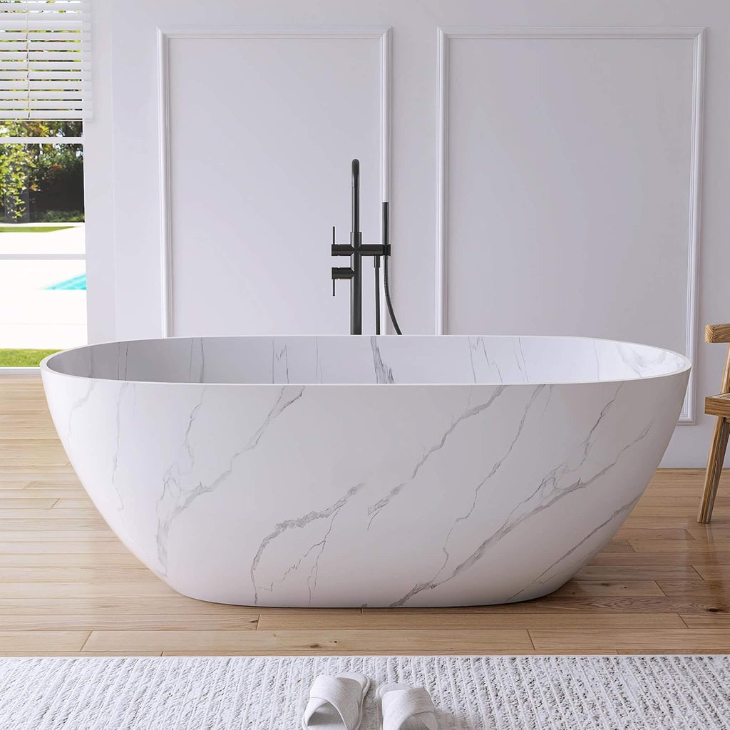 [63X29.5-Inch] Freestanding Modern Marble-Design Solid Surface Soaking Tub With Overflow (SAK11528) - Saksby Wholesale - Lifestyle Calacatta White In Bathroom Front View