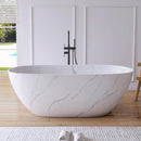 [63X29.5-Inch] Freestanding Modern Marble-Design Solid Surface Soaking Tub With Overflow (SAK11528) - Saksby Wholesale - Lifestyle Calacatta White In Bathroom Front View