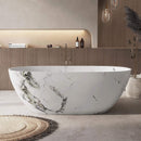 [63X29.5-Inch] Freestanding Modern Marble-Design Solid Surface Soaking Tub With Overflow (SAK11528) - Saksby Wholesale - Lifestyle White Marble In Bathroom Front View