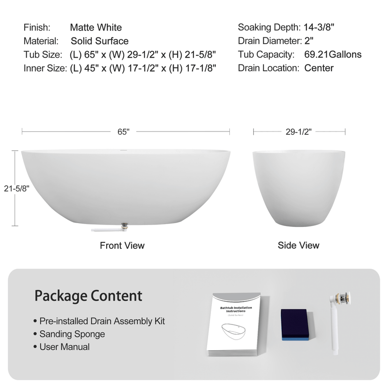 65 Inch Luxury Freestanding Soaking Bathtub With Overflow And Pop-Up Drain (SAK69451) - Saksby Wholesale - Dimensions
