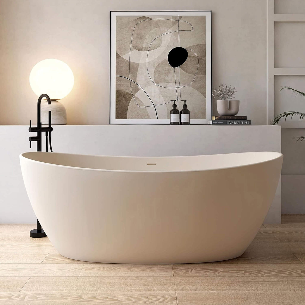 [65X33-Inch] Freestanding Oval Stone Resin Soaking Tub With Overflow (SAK39231) - Saksby Wholesale - Lifestyle Beige In Bathroom Front View