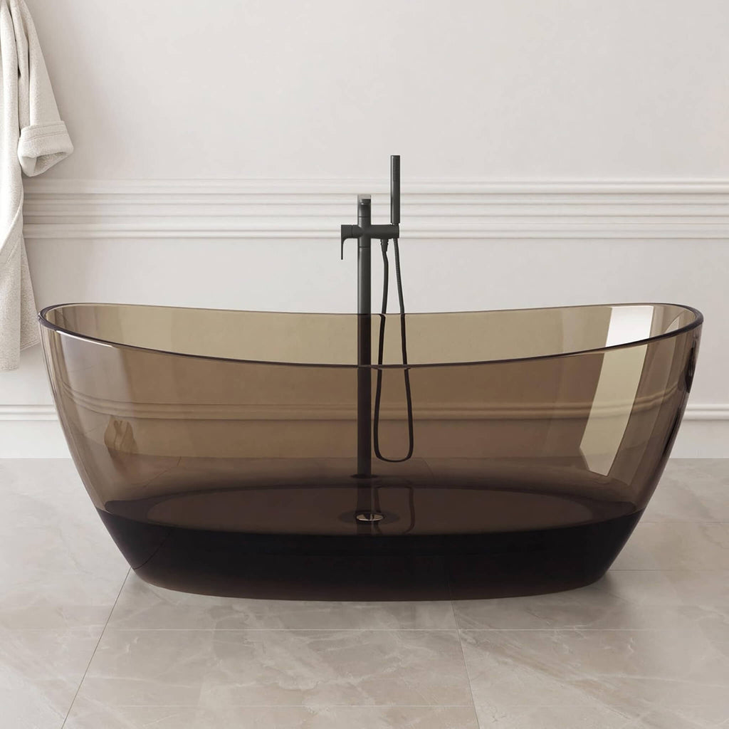 [65X33-Inch] Freestanding Oval Stone Resin Soaking Tub With Overflow (SAK39231) - Saksby Wholesale - Lifestyle Transparent Sepia In Bathroom Front View