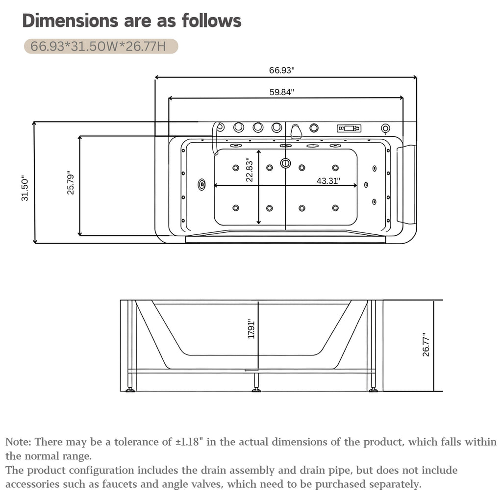 67-Inch 7-Jets Hydrotherapy Whirlpool Bathtub With Glass Panel (SAK25480) - Saksby Wholesale - Dimensions