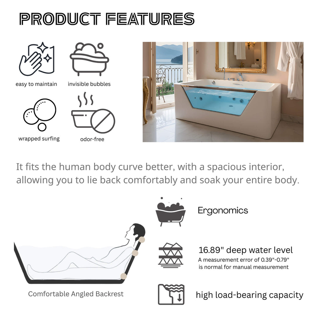 67-Inch 7-Jets Hydrotherapy Whirlpool Bathtub With Glass Panel (SAK25480) - Saksby Wholesale - Features